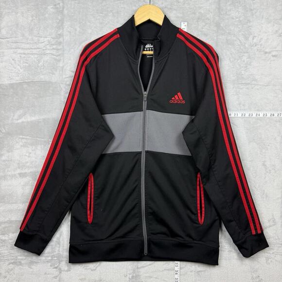Y2K Adidas Black Red Stripe Track Jacket Full Zip Mens Size L Gray Panel Retro - Picture 1 of 8